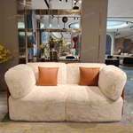 White Plush & Striped Fabric Sofa Set with Leather Panel Craftsmanship, Gold Stainless Steel Button Details & Curved Wooden Frames